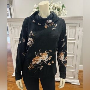 Maurices Black Floral Lace-Up Back Cowl Neck Top - Small
